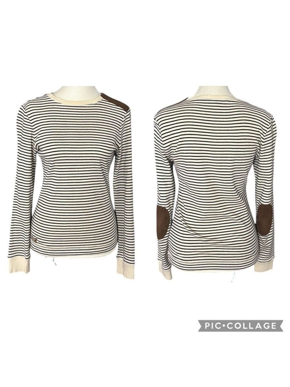Lauren Ralph Lauren Faux Suede Elbow Patch Long Sleeve Striped Top Size Small
